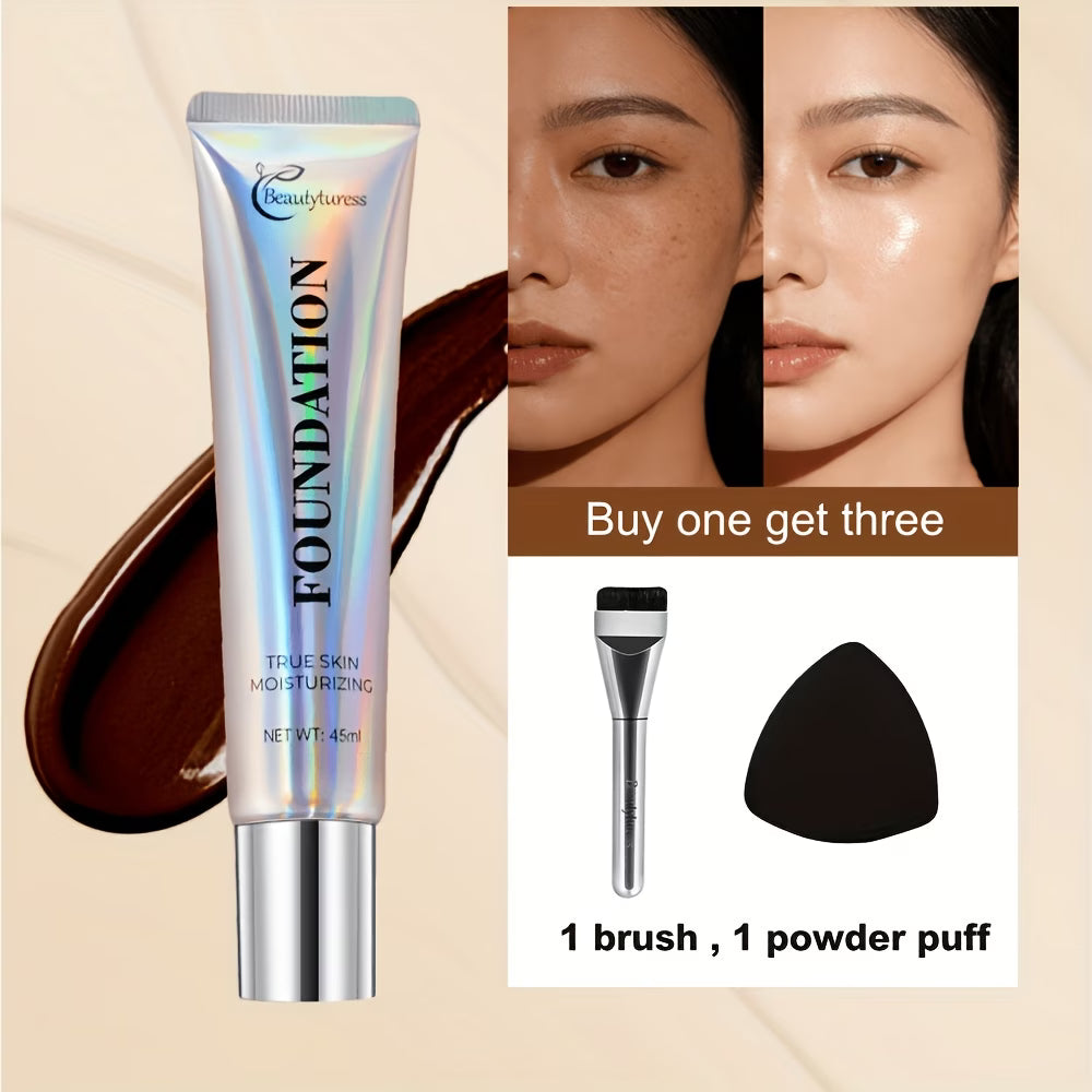 Korean - Style Liquid Foundation - Breathable Makeup for Face, Full Coverage, 24HR Wear, Matte Finish, 3 in 1 Liquid Makeup & Cosmetic Brush & Powder Puff