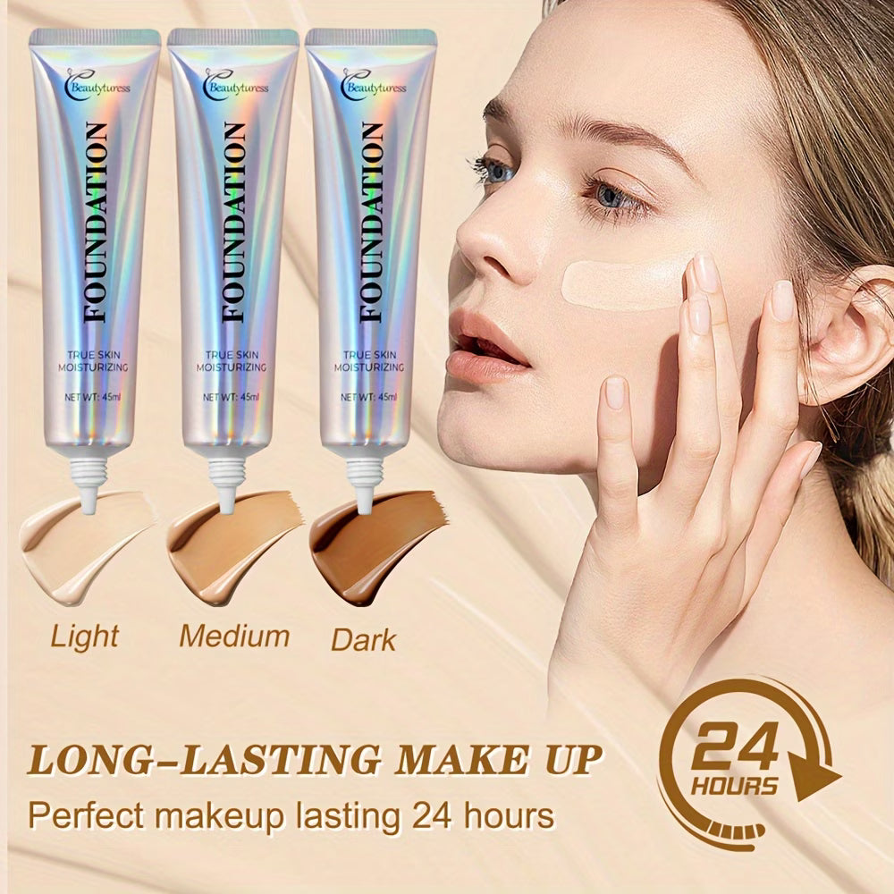 Korean - Style Liquid Foundation - Breathable Makeup for Face, Full Coverage, 24HR Wear, Matte Finish, 3 in 1 Liquid Makeup & Cosmetic Brush & Powder Puff
