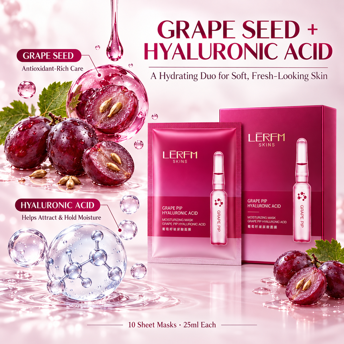 LĒRFM SKINS Grape Seed & Hyaluronic Acid Mask (25ml × 10 sheets)