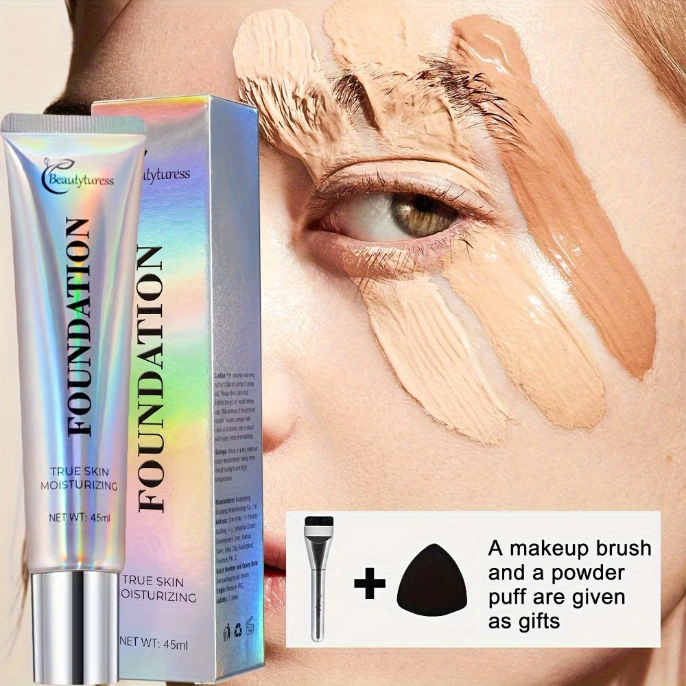 Korean - Style Liquid Foundation - Breathable Makeup for Face, Full Coverage, 24HR Wear, Matte Finish, 3 in 1 Liquid Makeup & Cosmetic Brush & Powder Puff