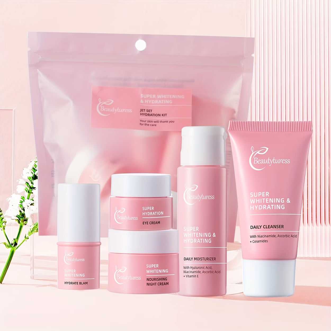 《The Trade & Retail Store》Brightening Serum Skincare Travel Set Hydrating And Moisturising, Cleansing, Containing Hyaluronic Acid And Niacinamide Nourishes Dry, Rough Skin Primer Lotion Travel-Friendly Packaging Skincare Set