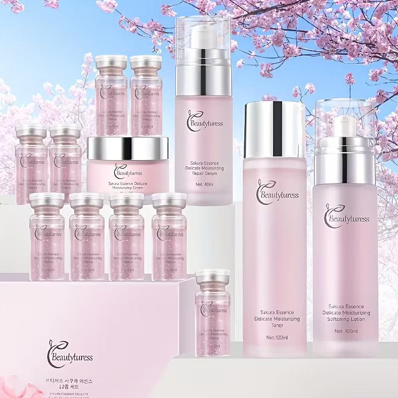 Sakura Cherry Blossom 12-Piece Skincare Set for Women – Glycerin & Hyaluronic Acid Hydrating Kit | Hypoallergenic Gift Box