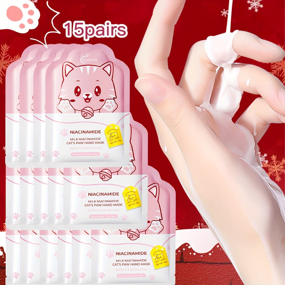 《The Bulk & Buy Store》 15 Pairs, Milk Niacinamide Cat's Paw Hand Mask | Deep Moisturizing, Hydrating, Smooth & Soft | Skincare Set for Dry, Rough Hands