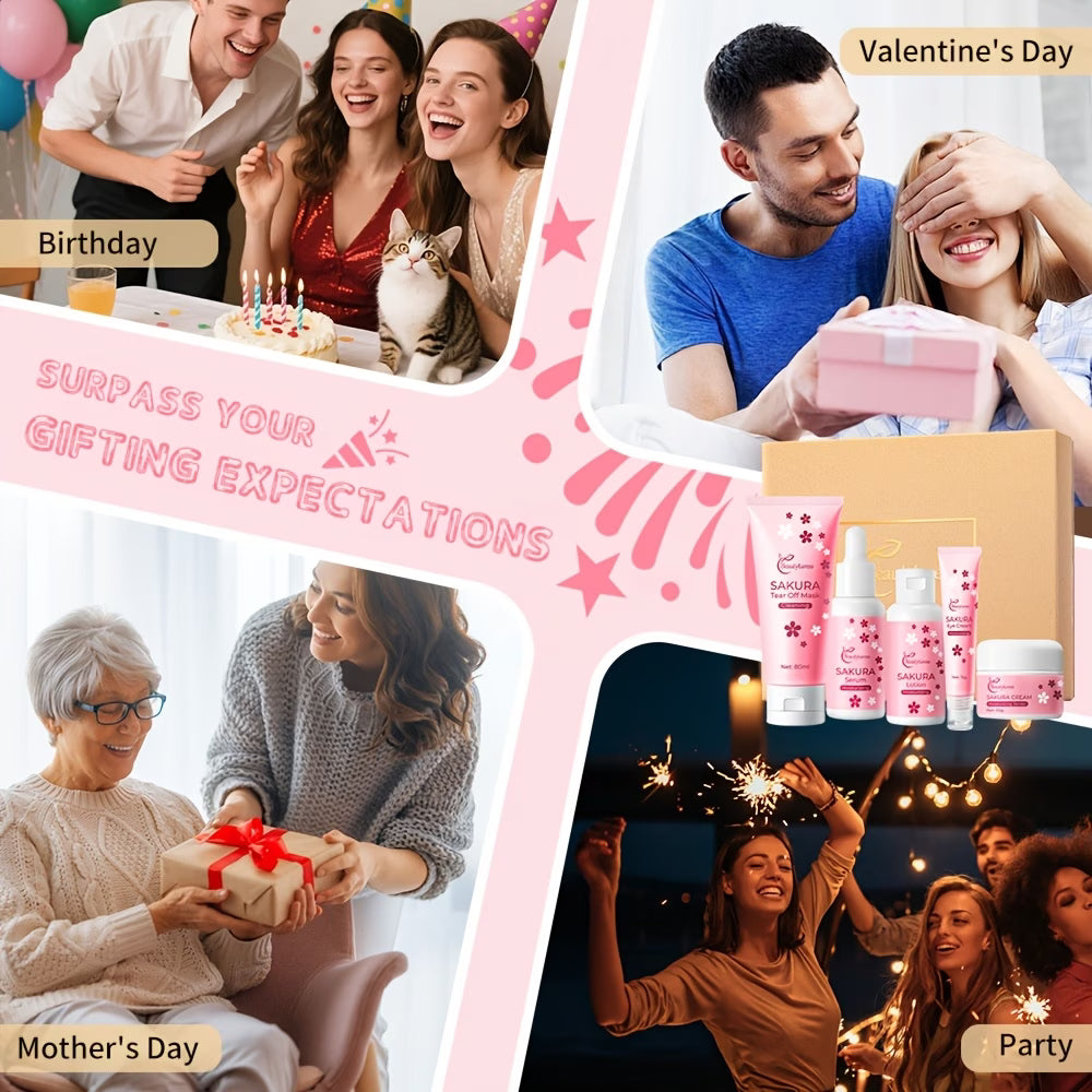 《The Trade & Retail Store》Cherry Blossom Travel Skincare Set 5pcs/set, Moisturizing and Hydrating, Light Beige Radiance with Cherry Blossom Extracts, Hyaluronic Acid, Cream, Face Mask, Compact and Lightweight, Convenient Carry-On Travel Kit, Holiday Gift