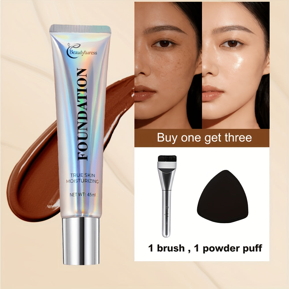 Korean - Style Liquid Foundation - Breathable Makeup for Face, Full Coverage, 24HR Wear, Matte Finish, 3 in 1 Liquid Makeup & Cosmetic Brush & Powder Puff