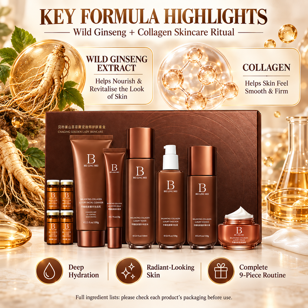 Beilingmei Wild Ginseng Collagen Brightening Skincare Set (9-Piece)