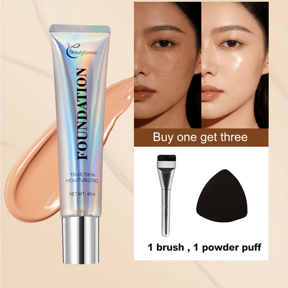 Korean - Style Liquid Foundation - Breathable Makeup for Face, Full Coverage, 24HR Wear, Matte Finish, 3 in 1 Liquid Makeup & Cosmetic Brush & Powder Puff
