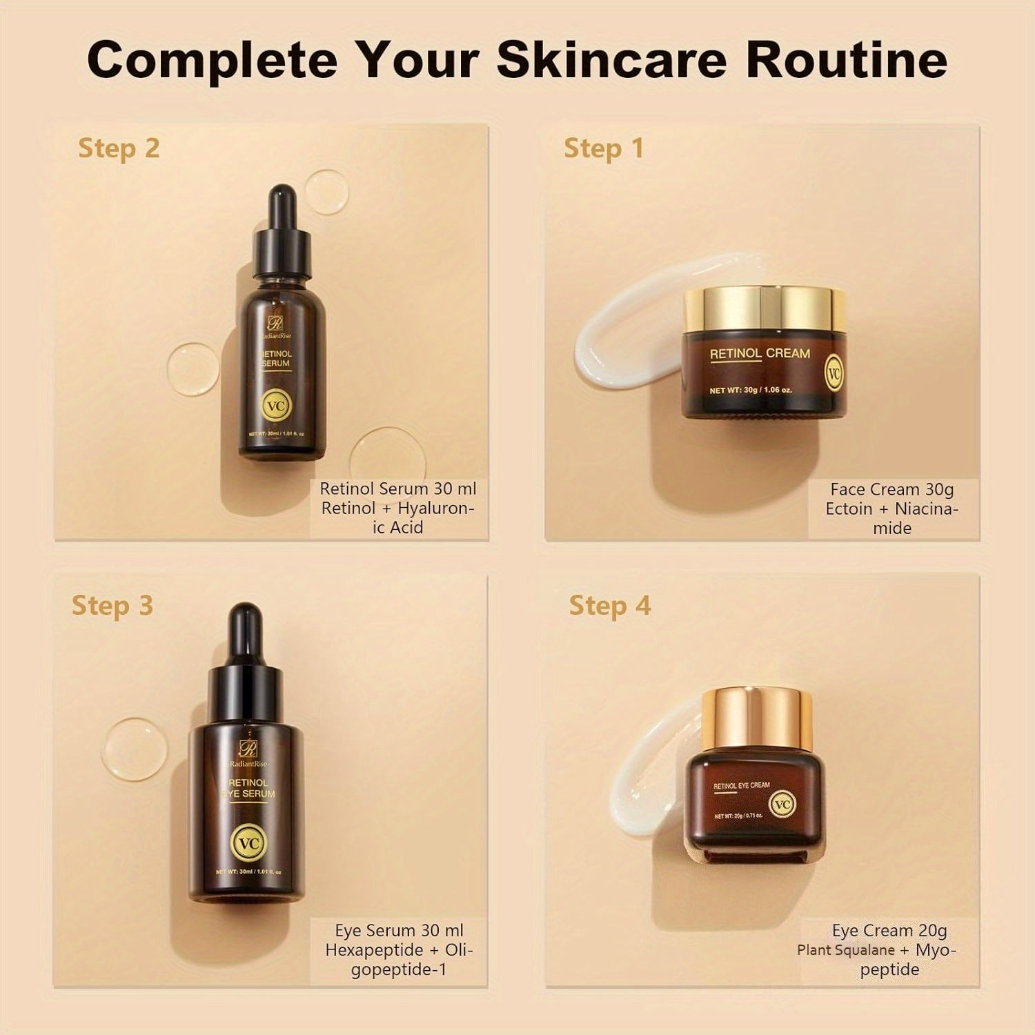 Retinol Hautpflege-Reiseset (mit Hyaluronsäure & pflanzlichem Squalan) – 4-teiliges Set