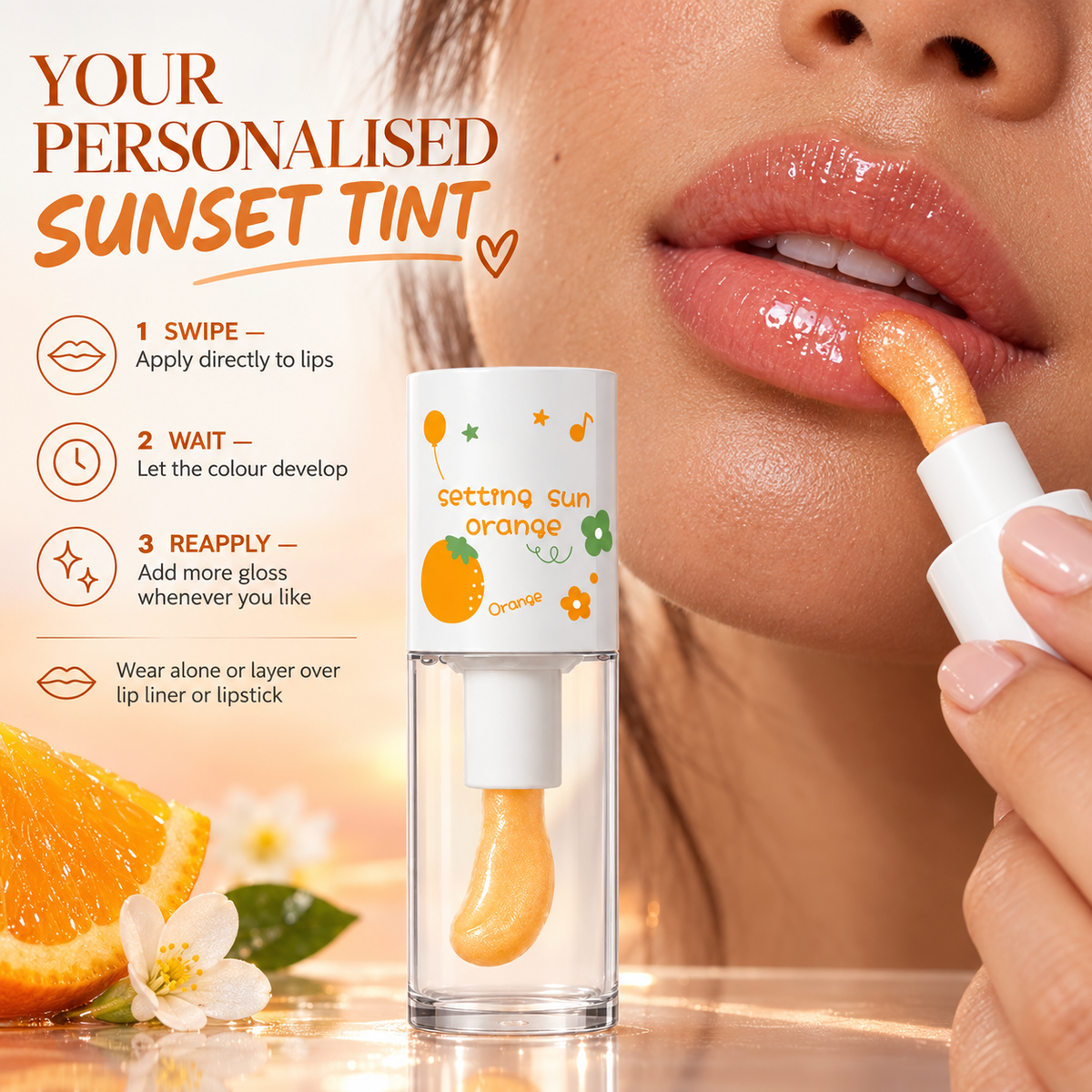 O′KADY Line-Smoothing & Plumping Color-Changing Lip Oil (Sunset Tangerine) (5ml)