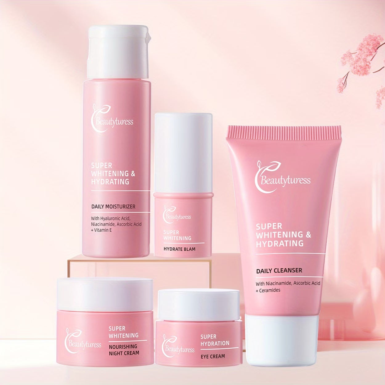 《The Trade & Retail Store》Brightening Serum Skincare Travel Set Hydrating And Moisturising, Cleansing, Containing Hyaluronic Acid And Niacinamide Nourishes Dry, Rough Skin Primer Lotion Travel-Friendly Packaging Skincare Set