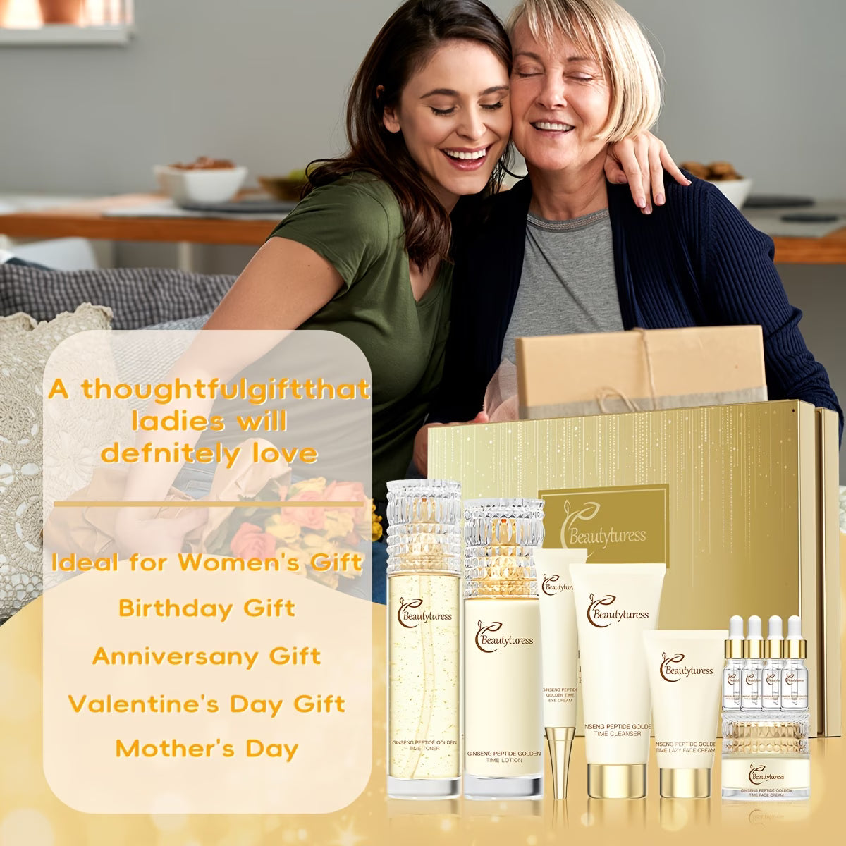 Ginseng Peptide Golden Skincare Set – 10-Piece Facial Toner & Moisturiser with Carnosine & Hyaluronic Acid | Hydrating, Firming & Brightening | Premium Gift Box for Women