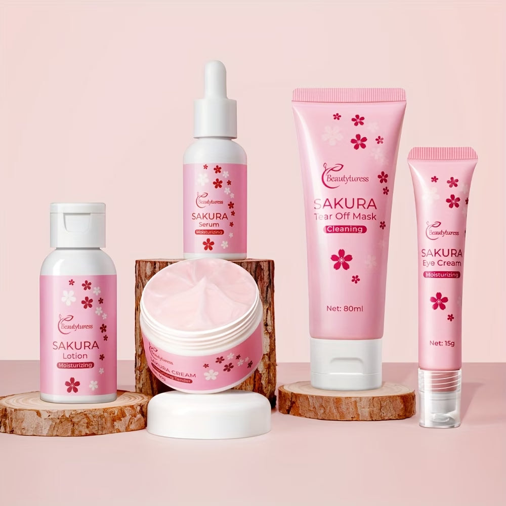 《The Trade & Retail Store》Cherry Blossom Travel Skincare Set 5pcs/set, Moisturizing and Hydrating, Light Beige Radiance with Cherry Blossom Extracts, Hyaluronic Acid, Cream, Face Mask, Compact and Lightweight, Convenient Carry-On Travel Kit, Holiday Gift