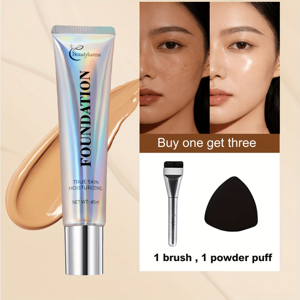 Korean - Style Liquid Foundation - Breathable Makeup for Face, Full Coverage, 24HR Wear, Matte Finish, 3 in 1 Liquid Makeup & Cosmetic Brush & Powder Puff