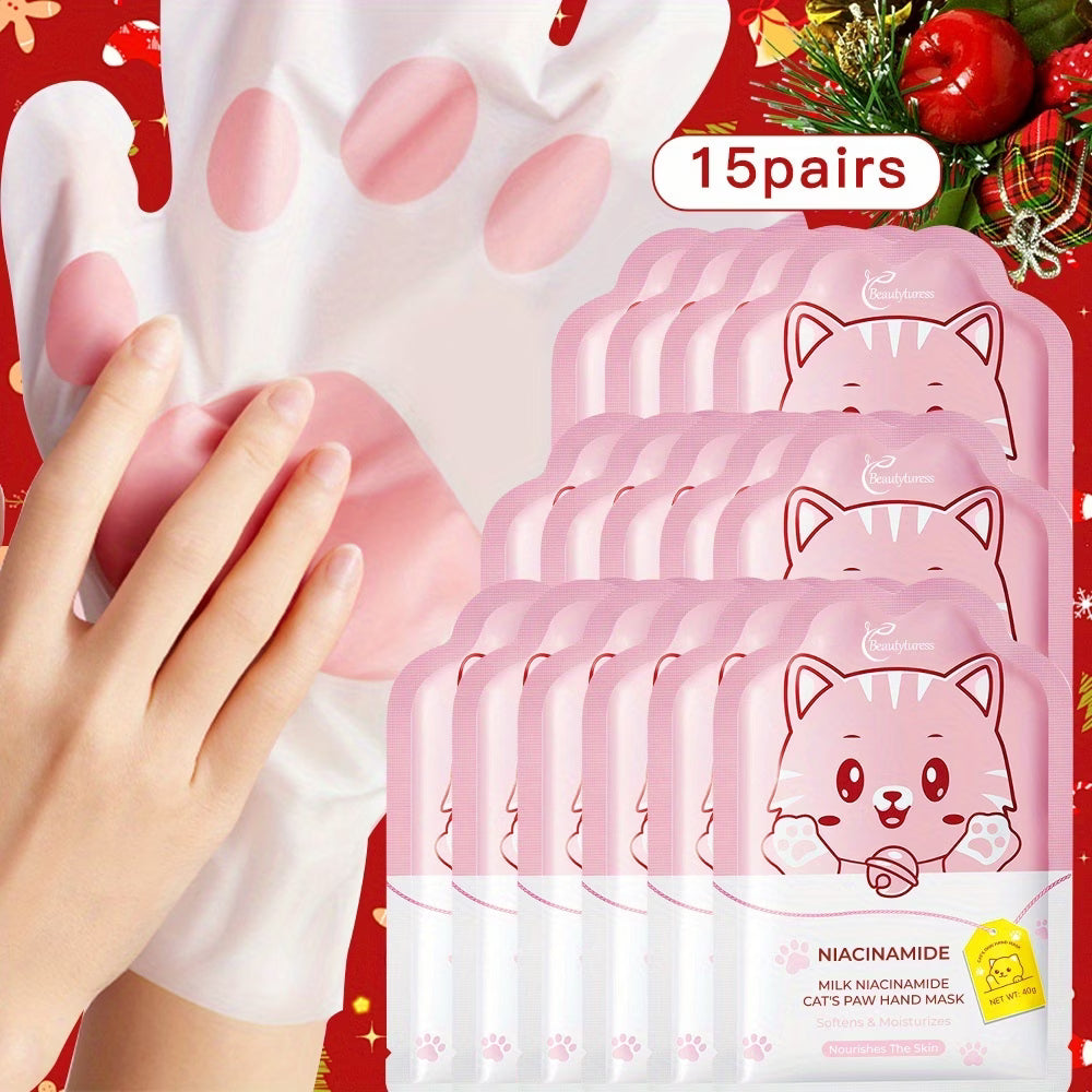 《The Bulk & Buy Store》 15 Pairs, Milk Niacinamide Cat's Paw Hand Mask | Deep Moisturizing, Hydrating, Smooth & Soft | Skincare Set for Dry, Rough Hands