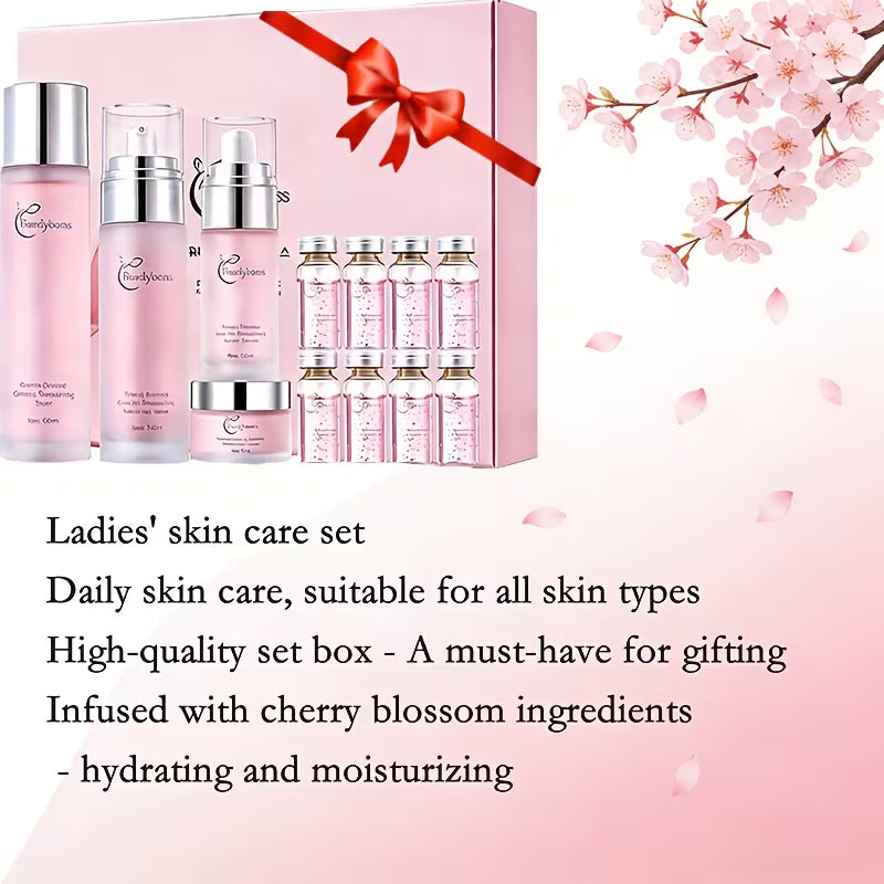 Sakura Cherry Blossom 12-Piece Skincare Set for Women – Glycerin & Hyaluronic Acid Hydrating Kit | Hypoallergenic Gift Box