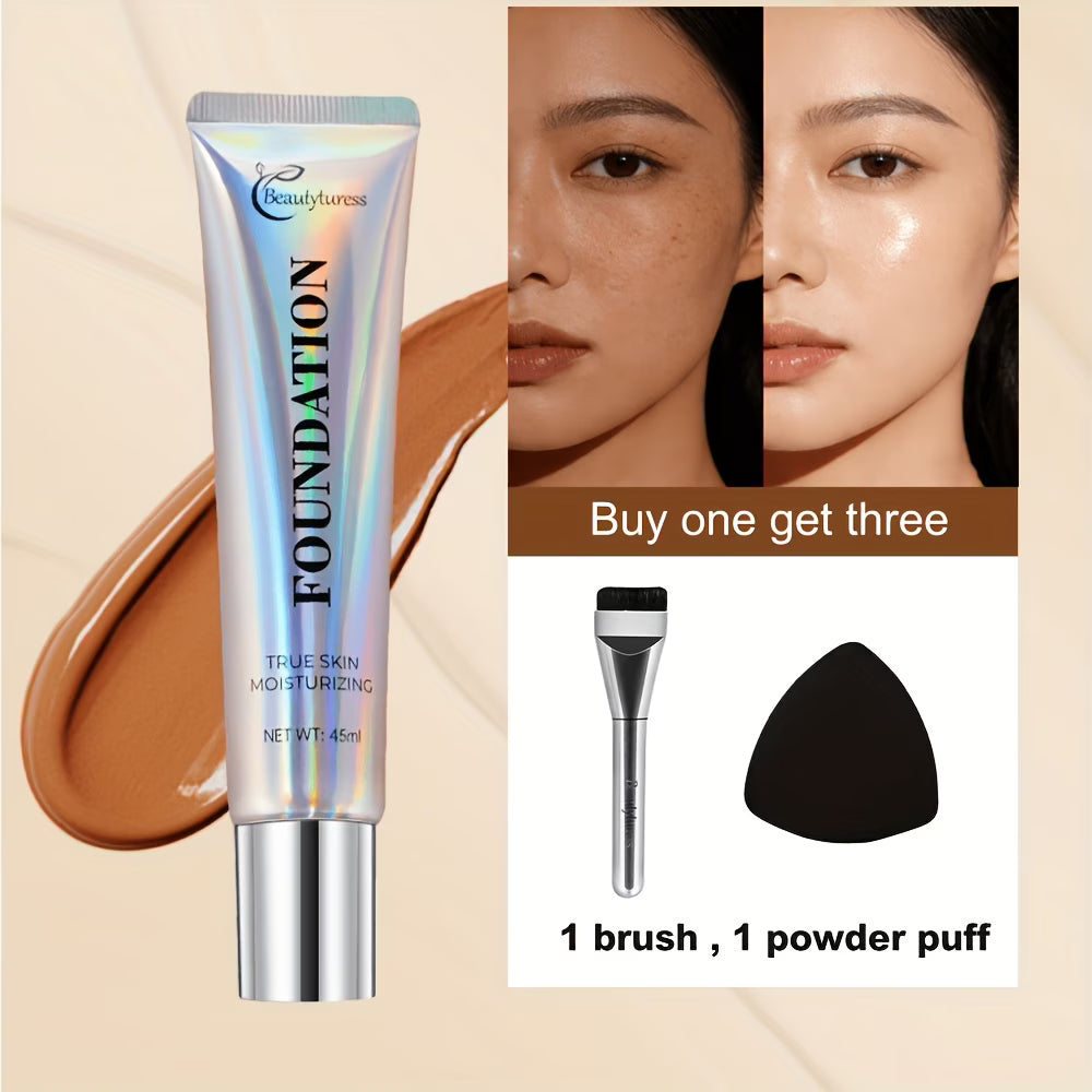 Korean - Style Liquid Foundation - Breathable Makeup for Face, Full Coverage, 24HR Wear, Matte Finish, 3 in 1 Liquid Makeup & Cosmetic Brush & Powder Puff