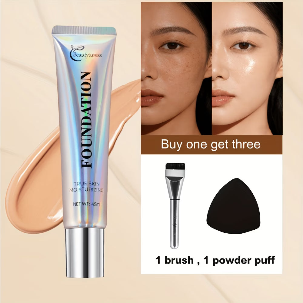 Korean - Style Liquid Foundation - Breathable Makeup for Face, Full Coverage, 24HR Wear, Matte Finish, 3 in 1 Liquid Makeup & Cosmetic Brush & Powder Puff