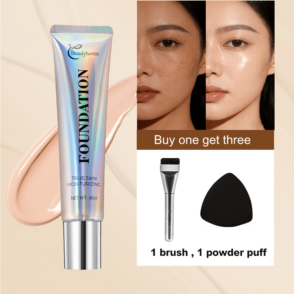 Korean - Style Liquid Foundation - Breathable Makeup for Face, Full Coverage, 24HR Wear, Matte Finish, 3 in 1 Liquid Makeup & Cosmetic Brush & Powder Puff