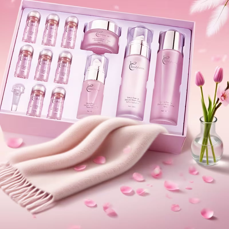Sakura Cherry Blossom 12-Piece Skincare Set for Women – Glycerin & Hyaluronic Acid Hydrating Kit | Hypoallergenic Gift Box