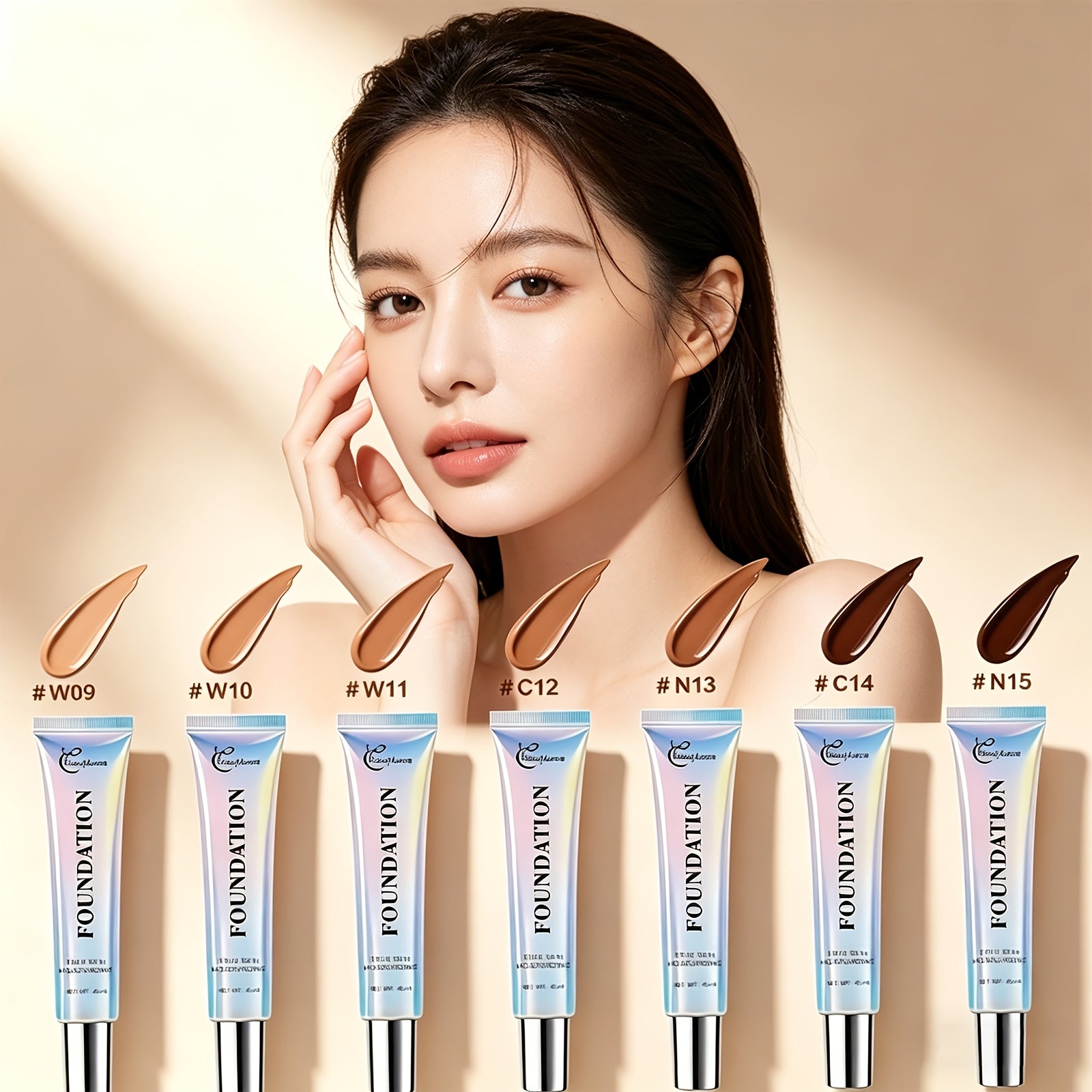 Korean - Style Liquid Foundation - Breathable Makeup for Face, Full Coverage, 24HR Wear, Matte Finish, 3 in 1 Liquid Makeup & Cosmetic Brush & Powder Puff