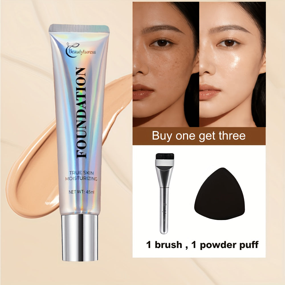 Korean - Style Liquid Foundation - Breathable Makeup for Face, Full Coverage, 24HR Wear, Matte Finish, 3 in 1 Liquid Makeup & Cosmetic Brush & Powder Puff