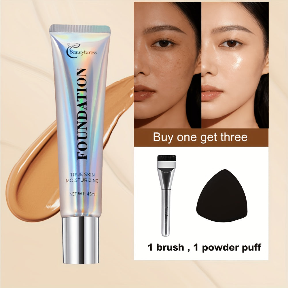 Korean - Style Liquid Foundation - Breathable Makeup for Face, Full Coverage, 24HR Wear, Matte Finish, 3 in 1 Liquid Makeup & Cosmetic Brush & Powder Puff