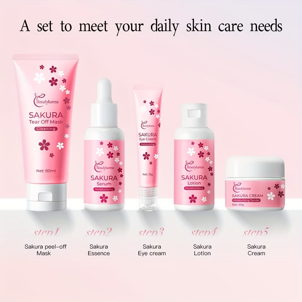 《The Trade & Retail Store》Cherry Blossom Travel Skincare Set 5pcs/set, Moisturizing and Hydrating, Light Beige Radiance with Cherry Blossom Extracts, Hyaluronic Acid, Cream, Face Mask, Compact and Lightweight, Convenient Carry-On Travel Kit, Holiday Gift