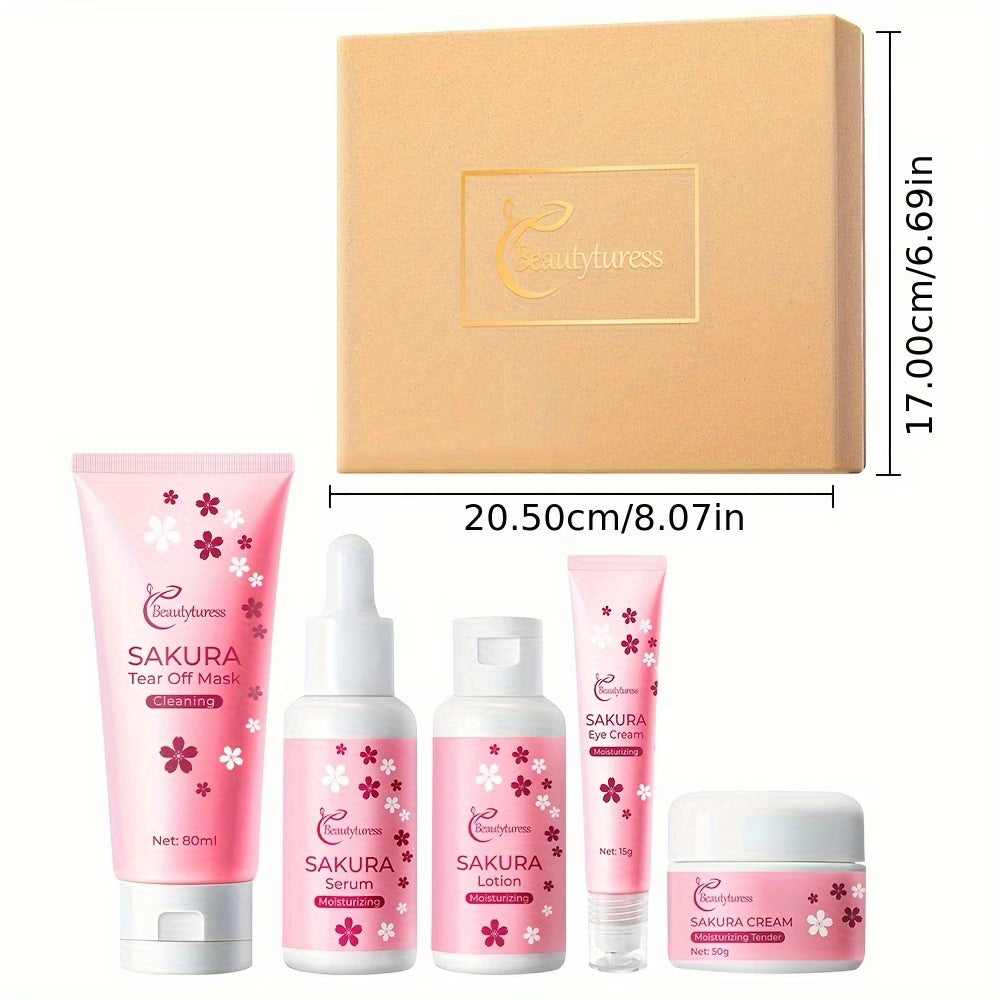 《The Trade & Retail Store》Cherry Blossom Travel Skincare Set 5pcs/set, Moisturizing and Hydrating, Light Beige Radiance with Cherry Blossom Extracts, Hyaluronic Acid, Cream, Face Mask, Compact and Lightweight, Convenient Carry-On Travel Kit, Holiday Gift