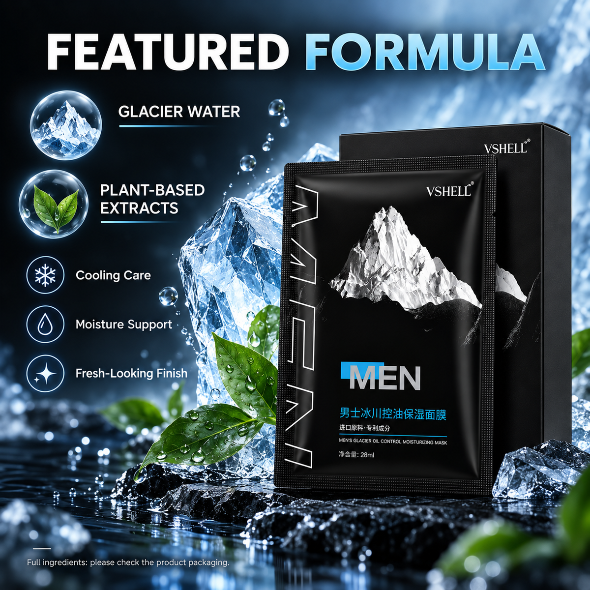 Plant Beibu Men's Glacier Moisturising Facial Mask 28ml (10 Pieces, 2-Pack)
