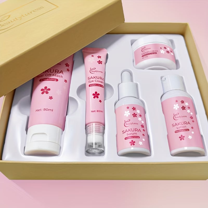 《The Trade & Retail Store》Cherry Blossom Travel Skincare Set 5pcs/set, Moisturizing and Hydrating, Light Beige Radiance with Cherry Blossom Extracts, Hyaluronic Acid, Cream, Face Mask, Compact and Lightweight, Convenient Carry-On Travel Kit, Holiday Gift