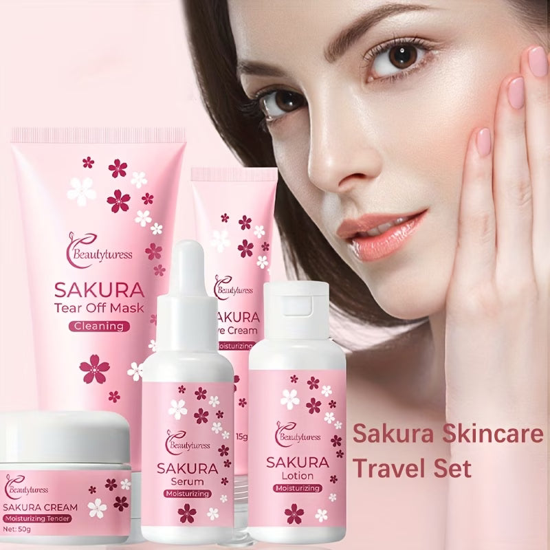 《The Trade & Retail Store》Cherry Blossom Travel Skincare Set 5pcs/set, Moisturizing and Hydrating, Light Beige Radiance with Cherry Blossom Extracts, Hyaluronic Acid, Cream, Face Mask, Compact and Lightweight, Convenient Carry-On Travel Kit, Holiday Gift