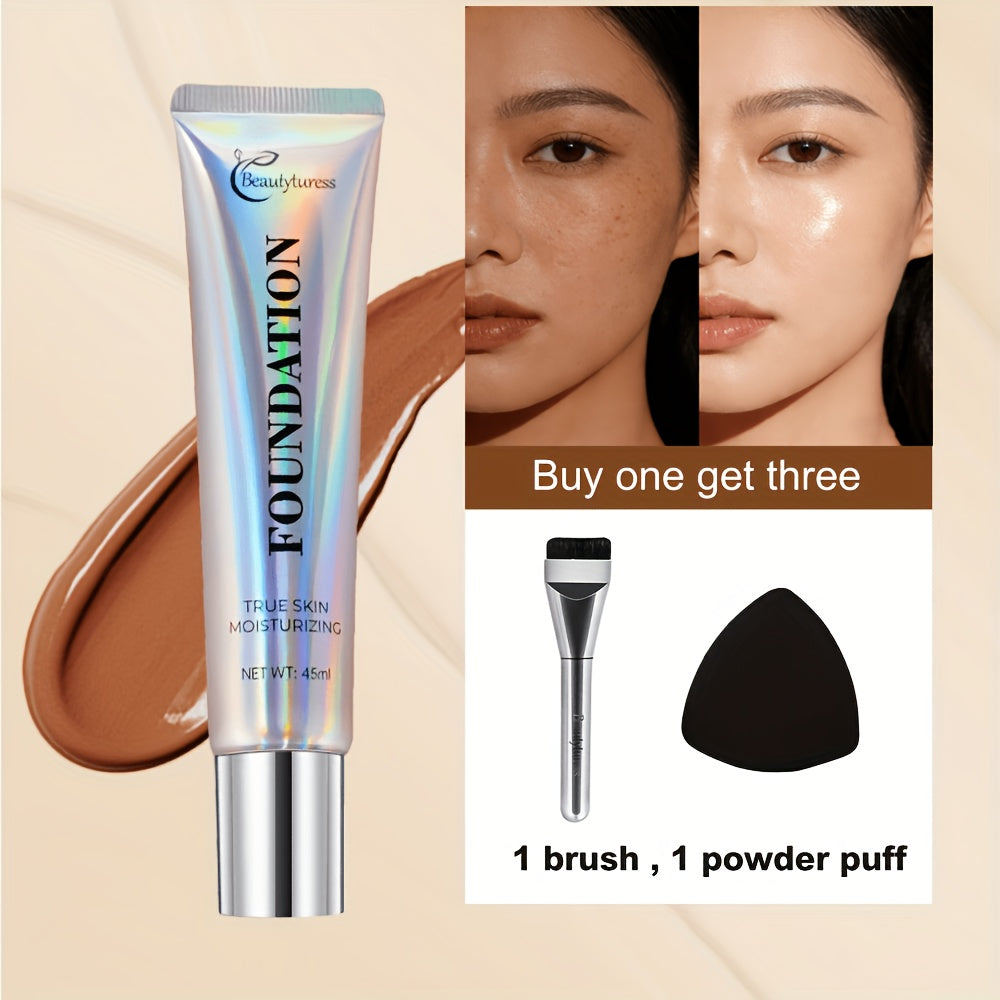 Korean - Style Liquid Foundation - Breathable Makeup for Face, Full Coverage, 24HR Wear, Matte Finish, 3 in 1 Liquid Makeup & Cosmetic Brush & Powder Puff