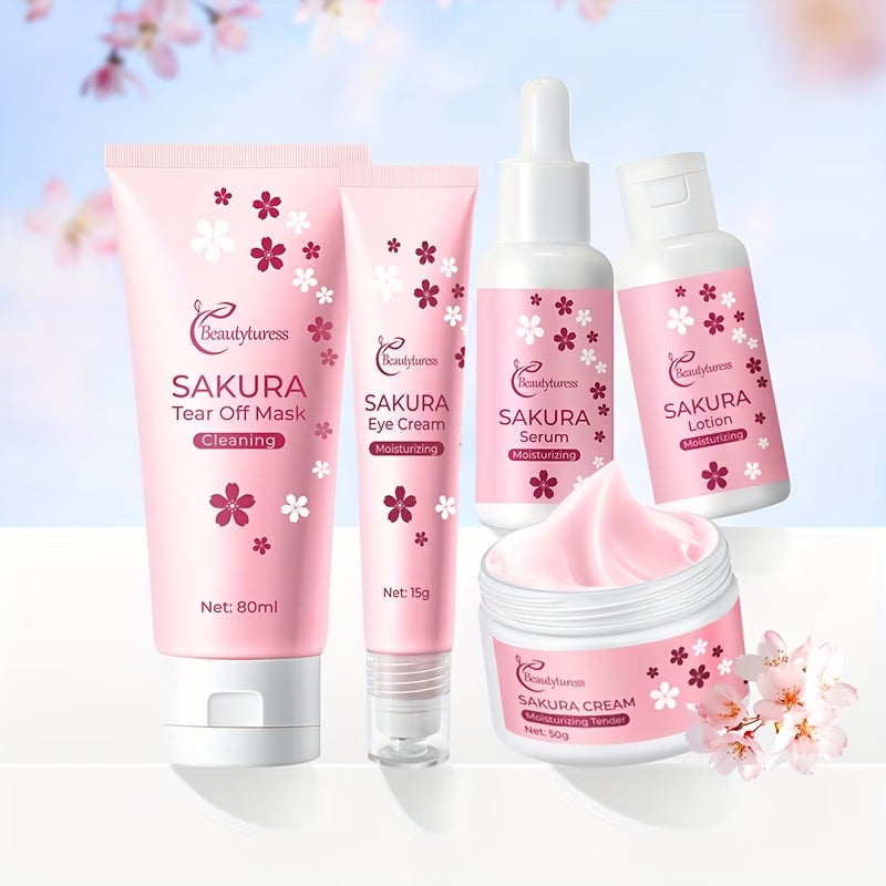 《The Trade & Retail Store》Cherry Blossom Travel Skincare Set 5pcs/set, Moisturizing and Hydrating, Light Beige Radiance with Cherry Blossom Extracts, Hyaluronic Acid, Cream, Face Mask, Compact and Lightweight, Convenient Carry-On Travel Kit, Holiday Gift